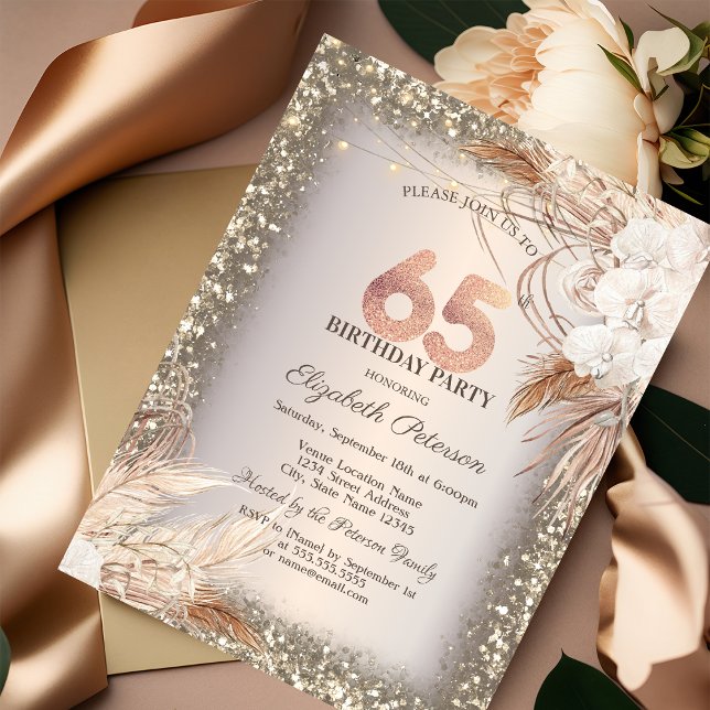 Boho Flowers,Lights Glitter Frame 65th Birthday Invitation (Creator Uploaded)