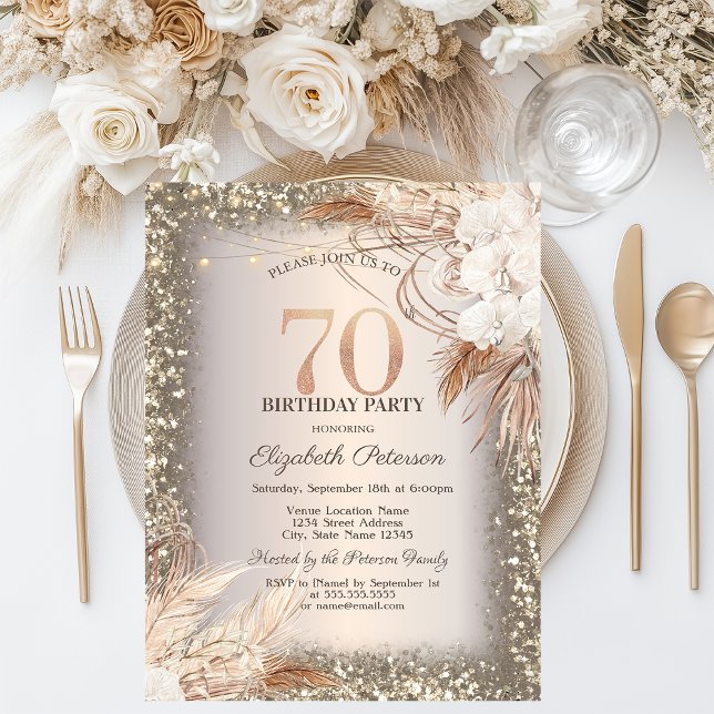 Boho Flowers,Lights Glitter Frame 70th Birthday Invitation (Creator Uploaded)
