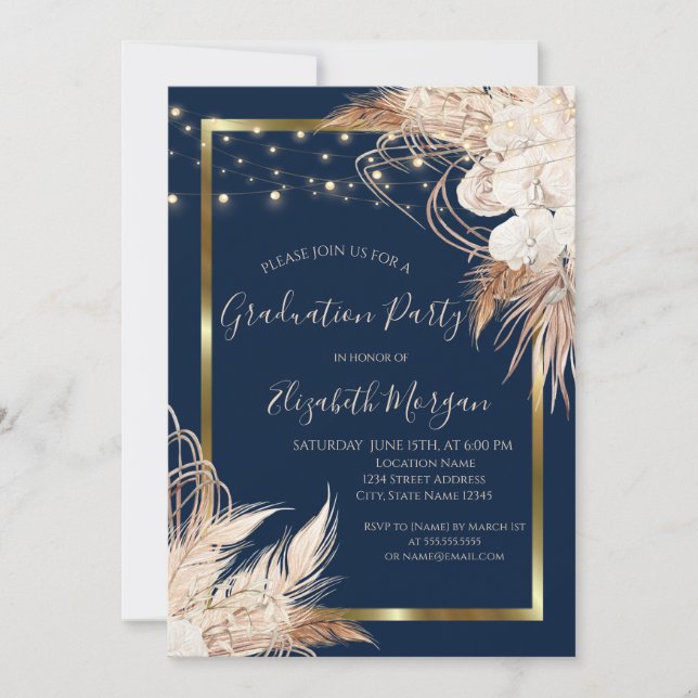 Boho Flowers,Lights,Wood, Frame Graduation Party Invitation (Front)