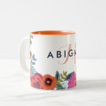 Boho Flowers - Name & Monogram Two-Tone Coffee Mug<br><div class="desc">White mug printed with hand-drawn flower arrangements in hot pink,  orange,  coral red,  and white. Add your monogram and name.</div>