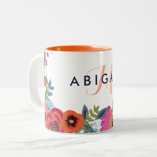 Boho Flowers - Name & Monogram Two-Tone Coffee Mug