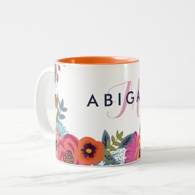 Boho Flowers - Name & Pink Monogram  Two-Tone Coffee Mug (Front Left)