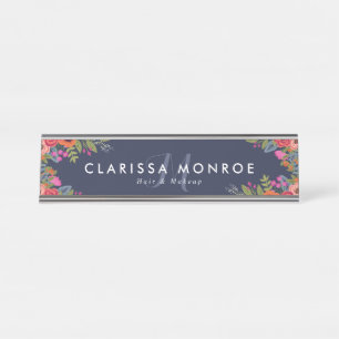 Boho Flowers - Navy Blue - Monogram Desk Name Plate