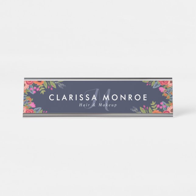 Boho Flowers - Navy Blue - Monogram Desk Name Plate (Front)