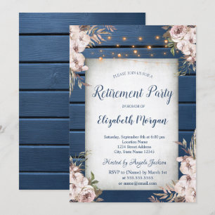 Boho Flowers Navy Blue Wood Retirement Invitation