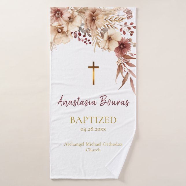 Boho Flowers Orthodox Christian Baptism Gift Bath Towel (Bath Towel)