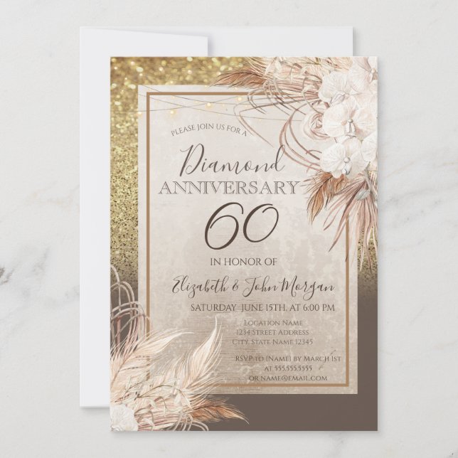 Boho Flowers Pampas Grass Glitter Anniversary Invitation (Front)