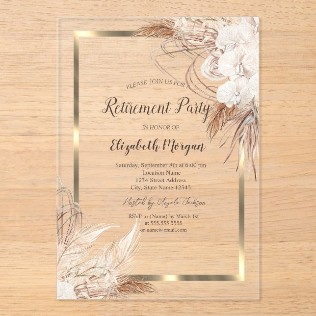 Boho Flowers Pampas Grass Gold Frame Retirement  Acrylic Invitations (Front)