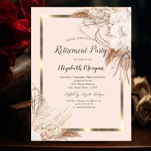 Boho Flowers Pampas Grass Gold Frame Retirement Invitation