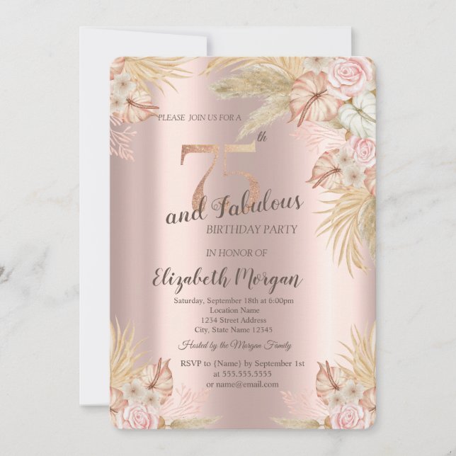 Boho Flowers,Pampas Grass Rose Gold 75th Birthday Invitation (Front)