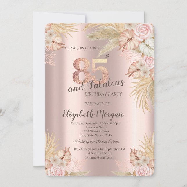 Boho Flowers,Pampas Grass Rose Gold 85th Birthday Invitation (Front)
