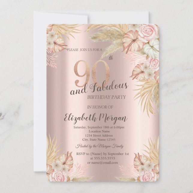 Boho Flowers,Pampas Grass Rose Gold 90th Birthday Invitation (Front)