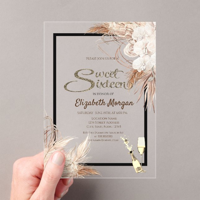 Boho Flowers Pampas Grass Wood Sweet 16 Acrylic Invitations (Insitu (Handheld))