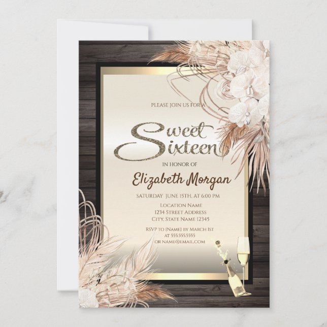 Boho Flowers Pampas Grass Wood Sweet 16 Invitation (Front)