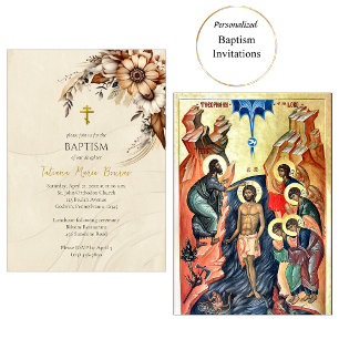 Boho Flowers Pampas Orthodox Christian Baptism  Invitation