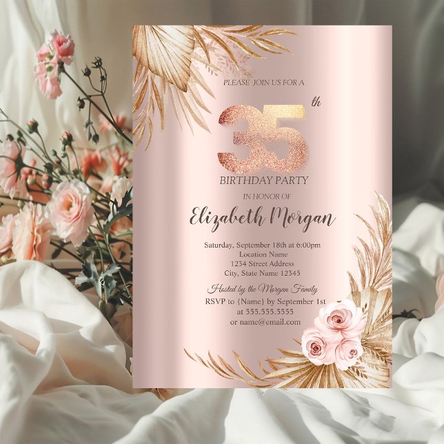  Boho Flowers Pampas Rose Gold 35th Birthday  Invitation (Creator Uploaded)