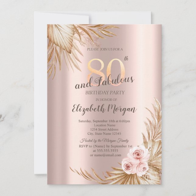  Boho Flowers Pampas Rose Gold 80th Birthday  Invitation (Front)