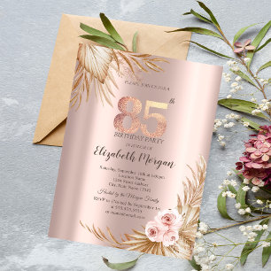 Boho Flowers Pampas Rose Gold 85th Birthday  Invitation