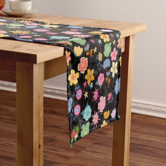 Boho Flowers Pattern B01.b Black BG Short Table Runner (In Situ)