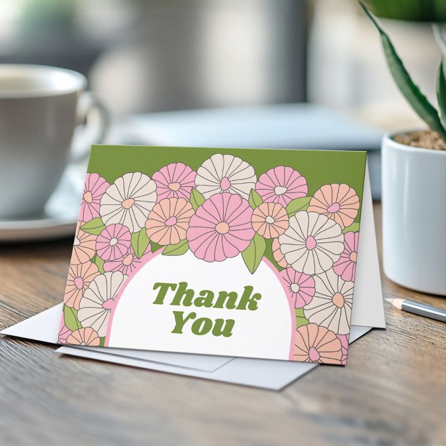 Boho Flowers - Pink, Green, Coral Thank You Card (Custom Greeting Card)