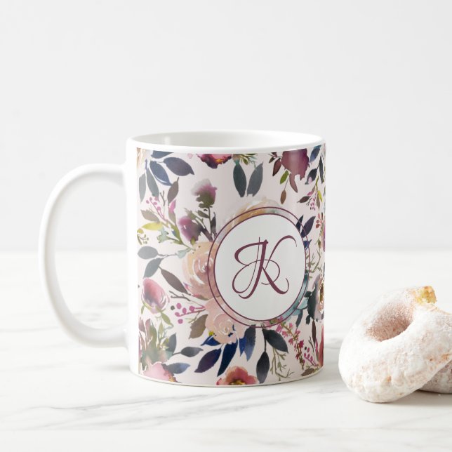 Boho Flowers Pink Sage Green Monogramed Coffee Mug (With Donut)
