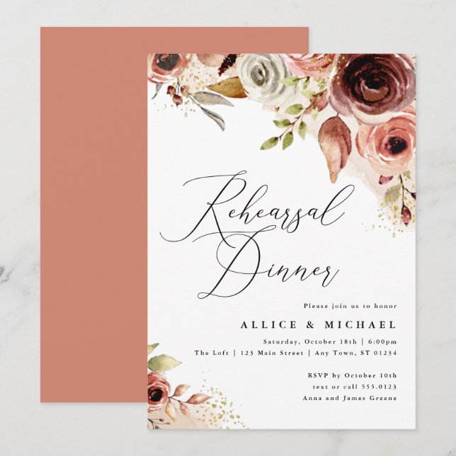 Boho Flowers Rehearsal Dinner, Earthy Floral Invitation (Front/Back)