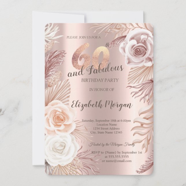Boho Flowers Rose Gold 60th Birthday Invitation (Front)