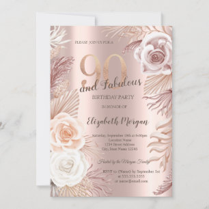 Boho Flowers Rose Gold 90th Birthday Party Invitation