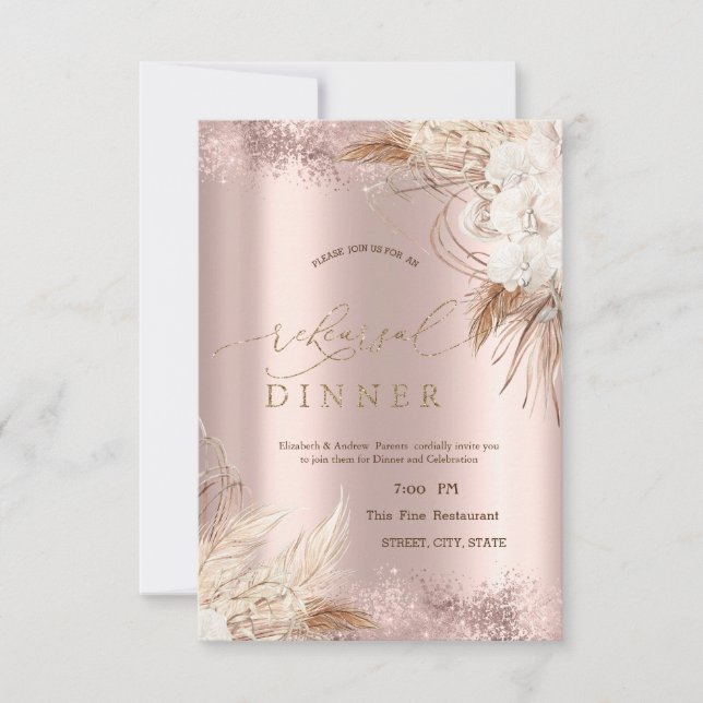 Boho Flowers Rose Gold Confetti Rehearsal Dinner Invitation (Front)