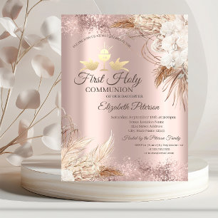 Boho Flowers Rose Gold First Holy Communion   Invitation