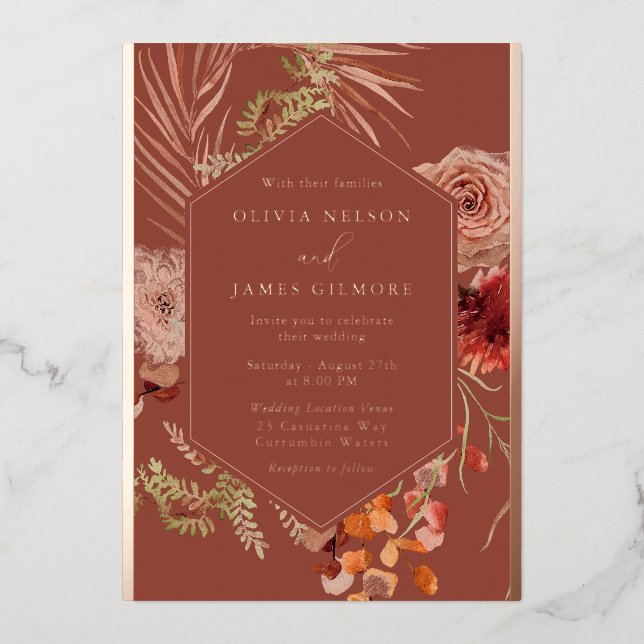 Boho Flowers Rose Gold Foil Wedding  (Front)