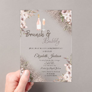 Boho Flowers Rose Gold Glitter Brunch & Bubbly Acrylic Invitations