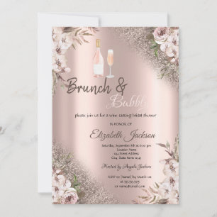 Boho Flowers Rose Gold Glitter  Brunch & Bubbly  Invitation