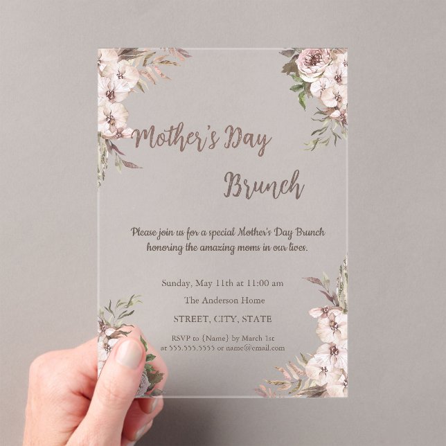 Boho Flowers Rose Gold Mother's Day Brunch Acrylic Invitations (Insitu (Handheld))