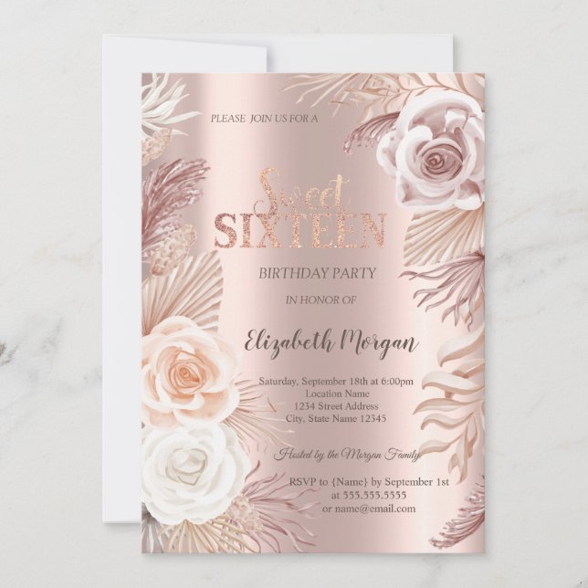 Boho Flowers Rose Gold Sweet 16 Invitation (Front)