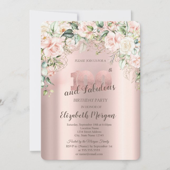 Boho Flowers Roses Rose Gold 100th Birthday Invitation (Front)