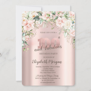 Boho Flowers Roses Rose Gold 100th Birthday Invitation
