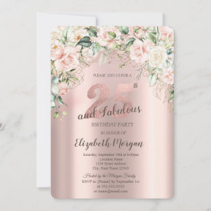 Boho Flowers Roses Rose Gold 25th Birthday Invitation