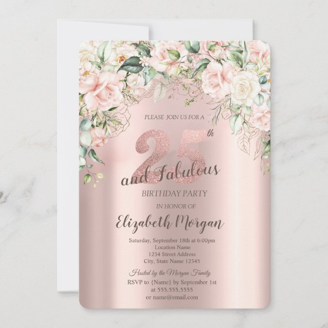 Boho Flowers Roses Rose Gold 25th Birthday Invitation (Front)
