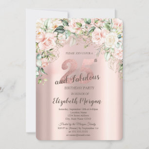 Boho Flowers Roses Rose Gold 25th Birthday Invitation