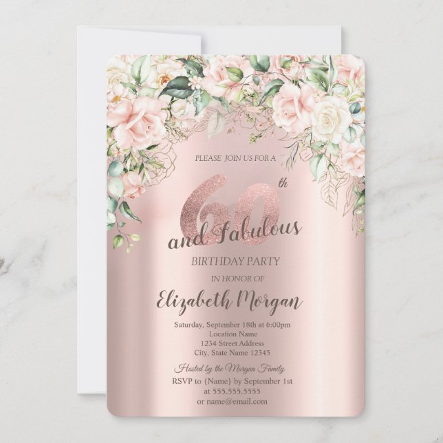 Boho Flowers Roses Rose Gold 60th Birthday Invitation (Front)