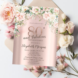 Boho Flowers Roses Rose Gold 80th Birthday Invitation