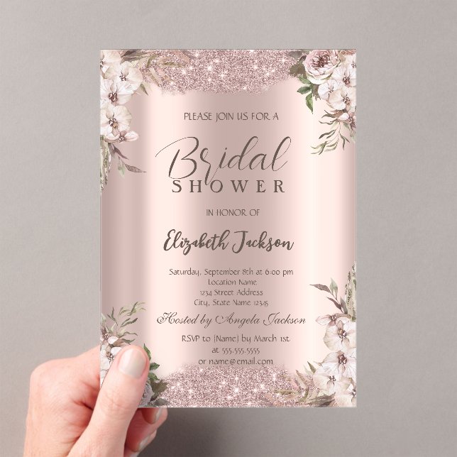 Boho Flowers Shiny Frame Rose Gold Bridal Shower  Acrylic Invitations (Insitu (Handheld))