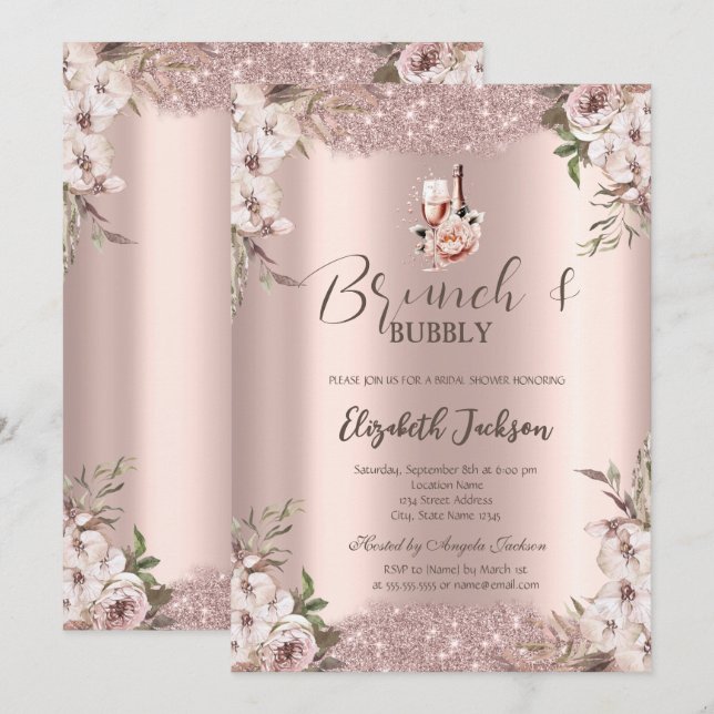 Boho Flowers Shiny Frame Rose Gold Bridal Shower  Invitation (Front/Back)