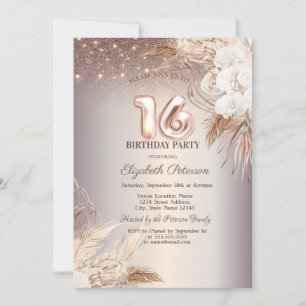 Boho Flowers,String Lights Glitter 16th  Invitation
