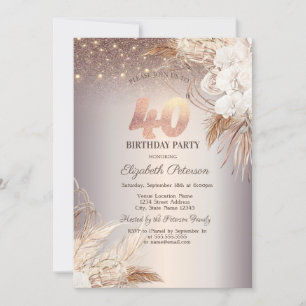 Boho Flowers,String Lights Glitter 40th Birthday Invitation