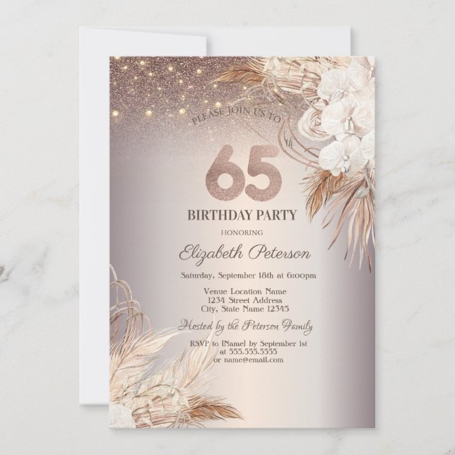 Boho Flowers,String Lights Glitter 65th Birthday Invitation (Front)