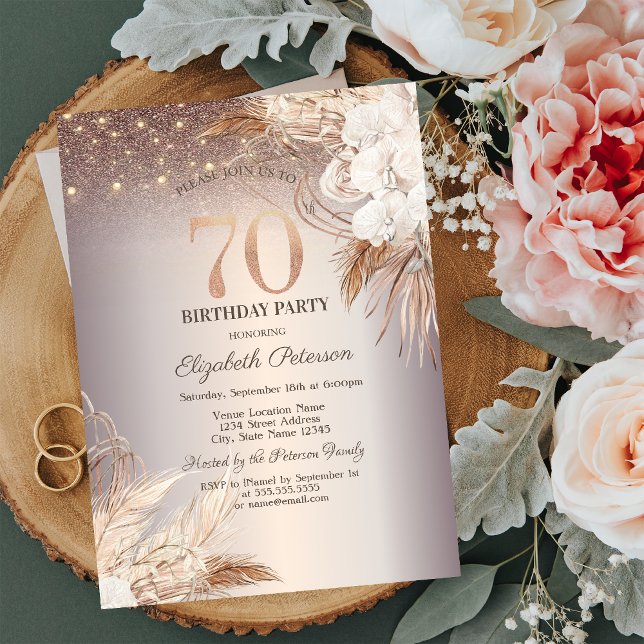 Boho Flowers,String Lights Glitter 70th Birthday Invitation (Creator Uploaded)