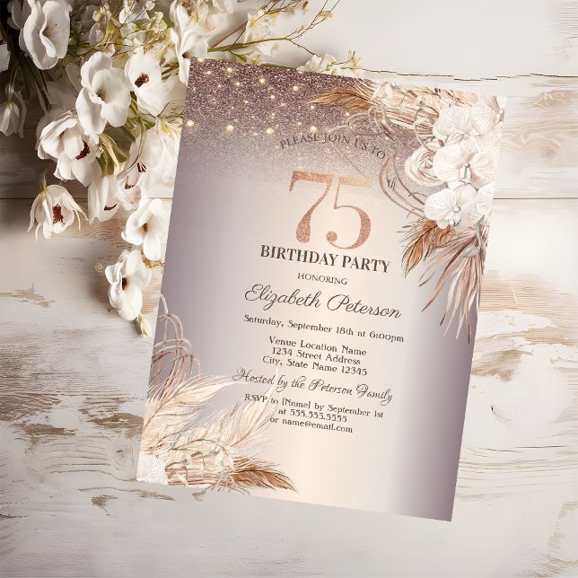 Boho Flowers,String Lights Glitter 75th Birthday Invitation (Creator Uploaded)