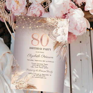 Boho Flowers,String Lights Glitter 80th Birthday Invitation